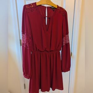 Express Red Plunge Neck Bishop Sleeve Dress